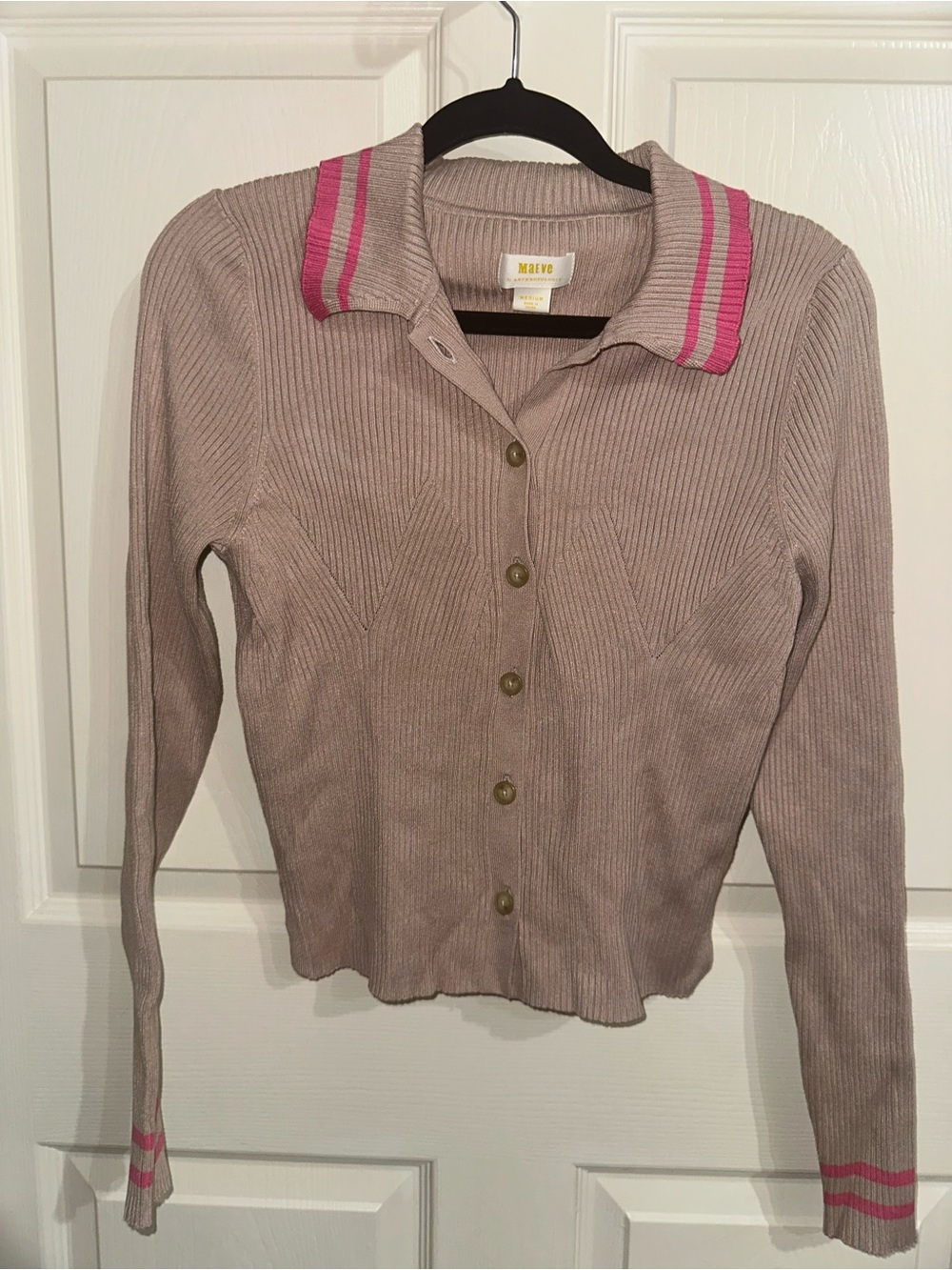 Maeve Anthropologie Button front polo Ribbed Taupe with Pink Trim Top M